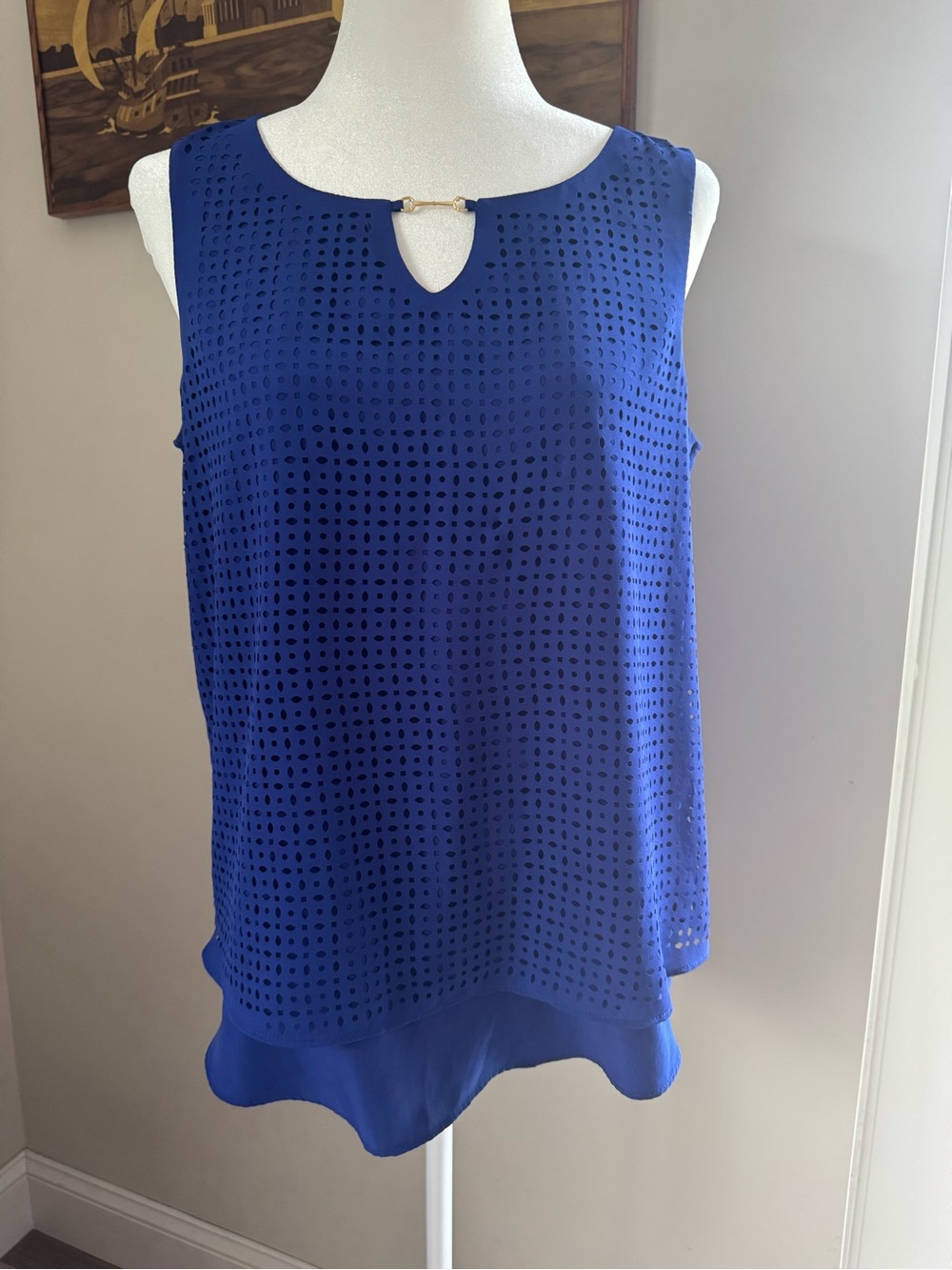 Dana Buchman Royal Blue Eyelet Layered Sleeveless Top with Gold Accent